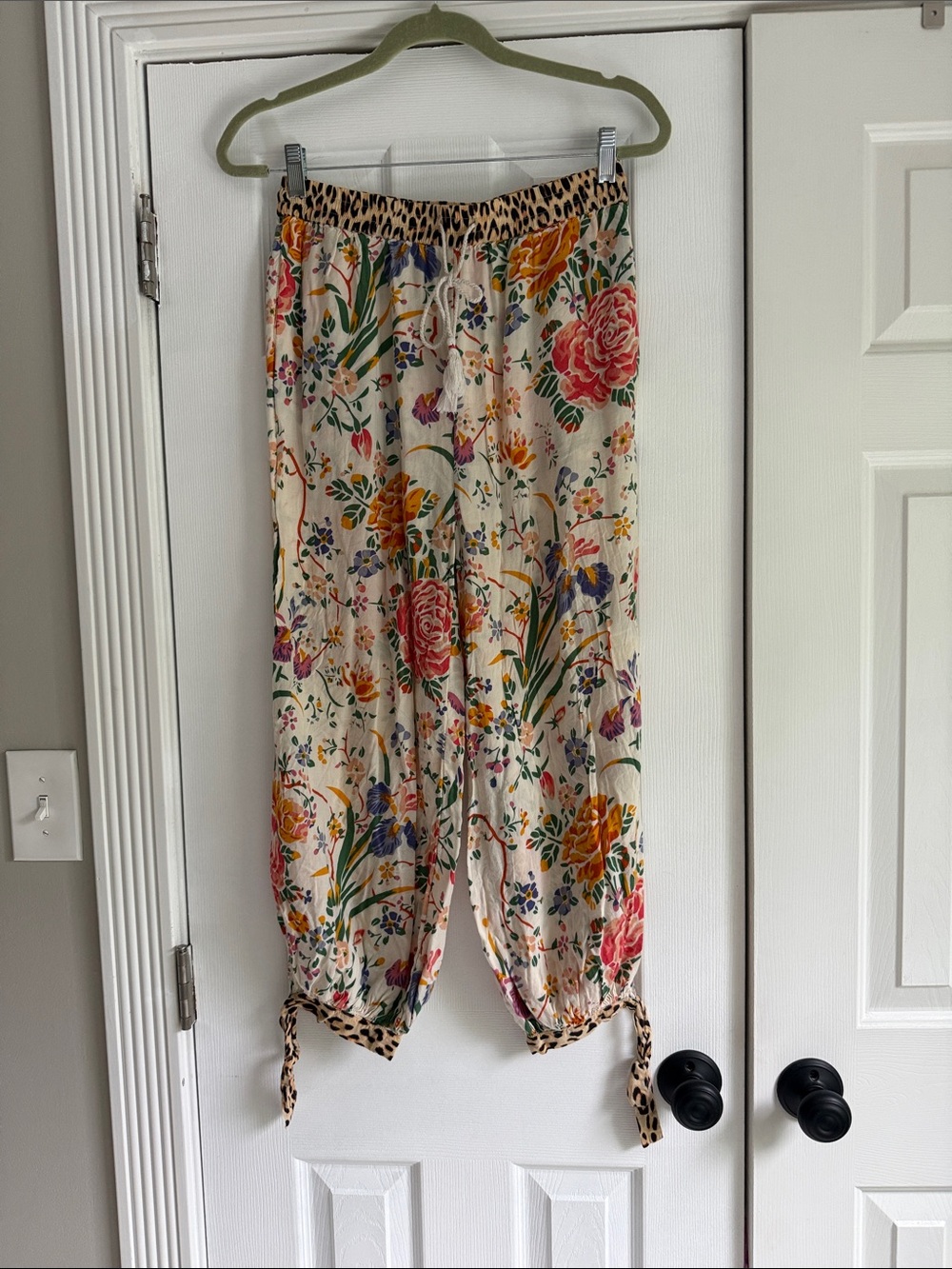 Floral Printed joggers with leopard print trim and tassel drawstring